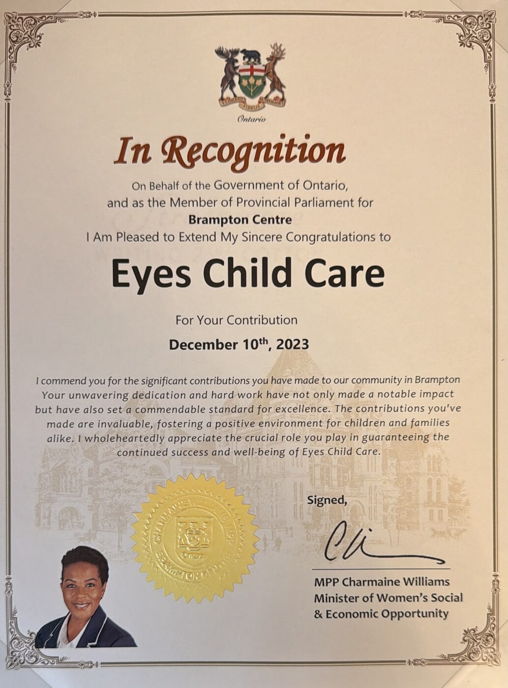 In Recognition certificate for Eyes Child Care from MPP Charmaine Williams, Brampton Centre, dated December 2023