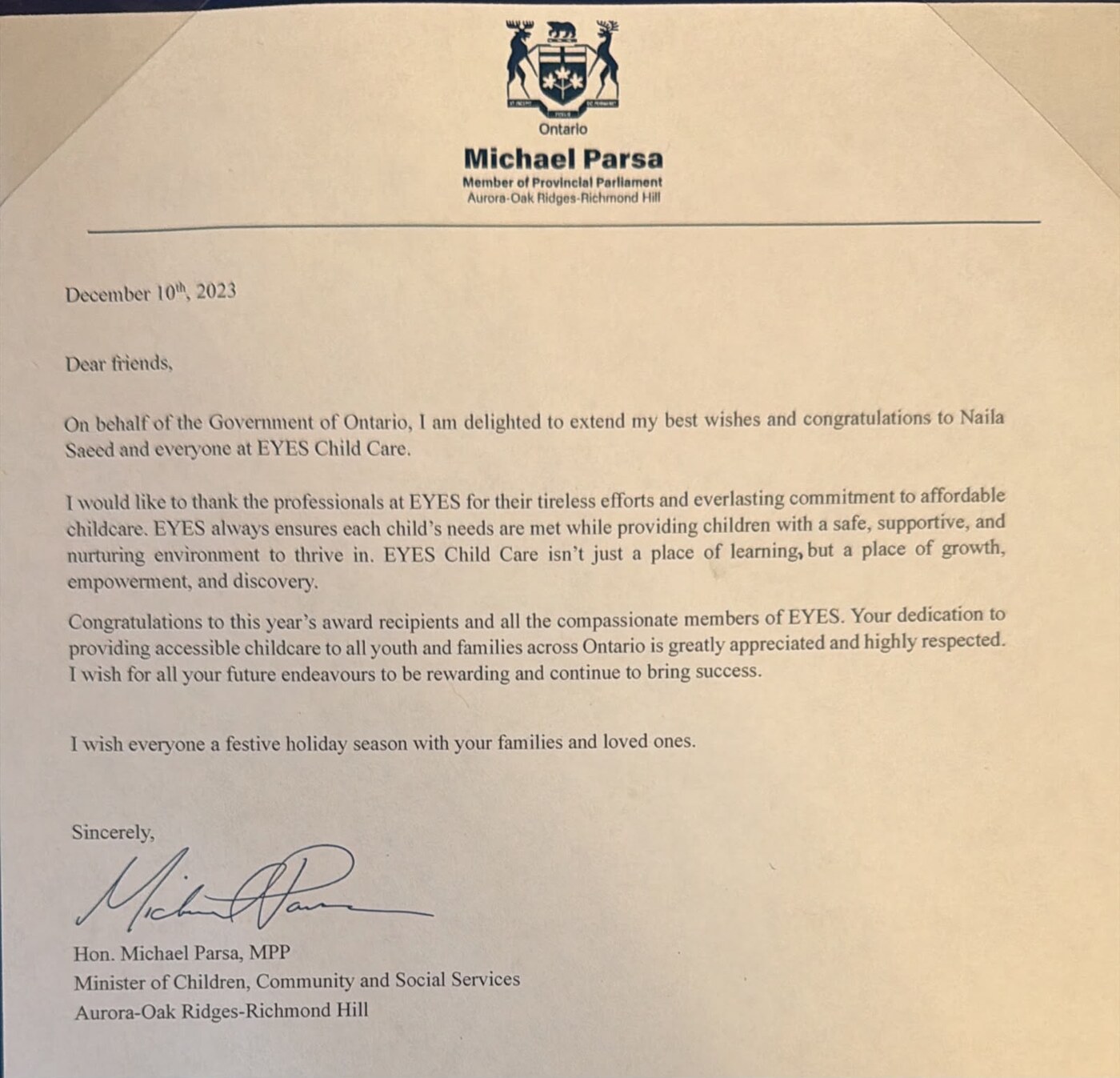 Letter from Michael Parsa, MPP for Aurora-Oak Ridges-Richmond Hill, congratulating Naila Saeed and the EYES Child Care team, dated December 2023