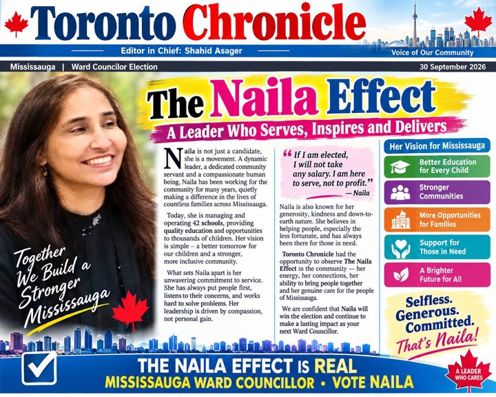 Toronto Chronicle feature of 30 September 2026: The Naila Effect, a leader who serves, inspires and delivers