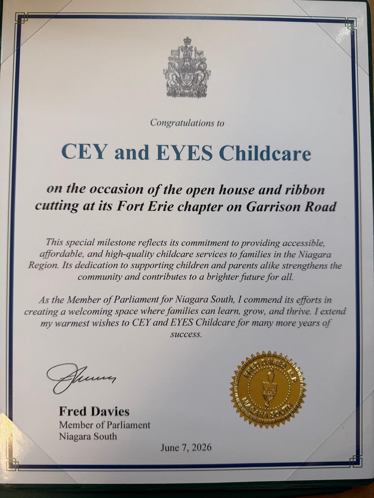 Certificate of congratulations from Fred Davies, Member of Parliament, to CEY and EYES Childcare on the opening of its Fort Erie chapter