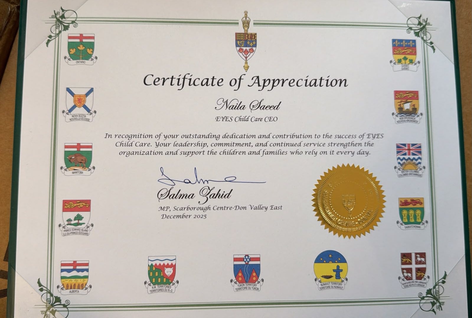 Certificate of Appreciation from Salma Zahid, Member of Parliament, honouring Naila Saeed, CEO of EYES Child Care