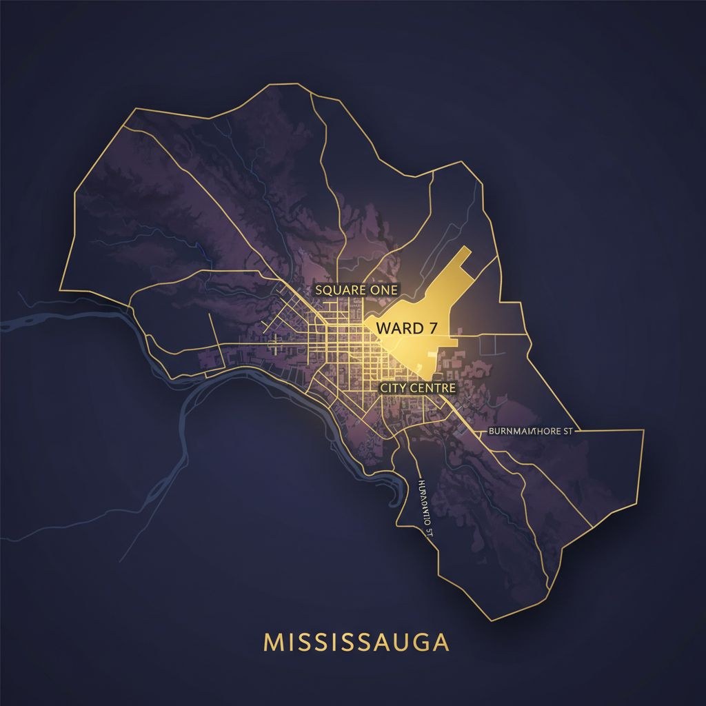 Illustrated map of the City of Mississauga with Ward 7, the City Centre and Square One area, highlighted in gold