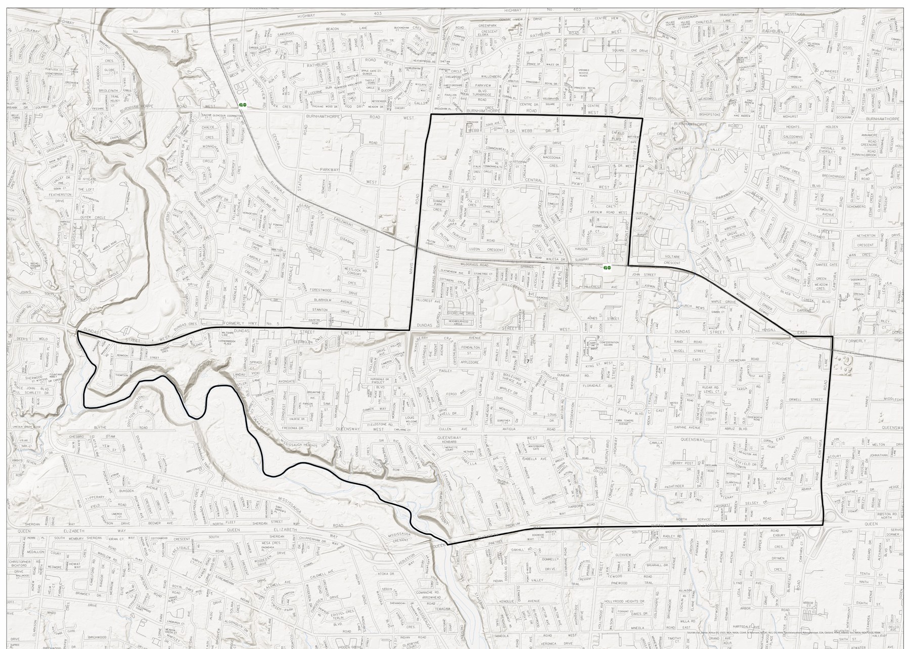 Official City of Mississauga Ward 7 map, 2026 election boundaries: from Burnhamthorpe Road south across Dundas Street West to the QEW, between Mavis Road and the Credit River to the west and Hurontario Street and Cawthra Road to the east